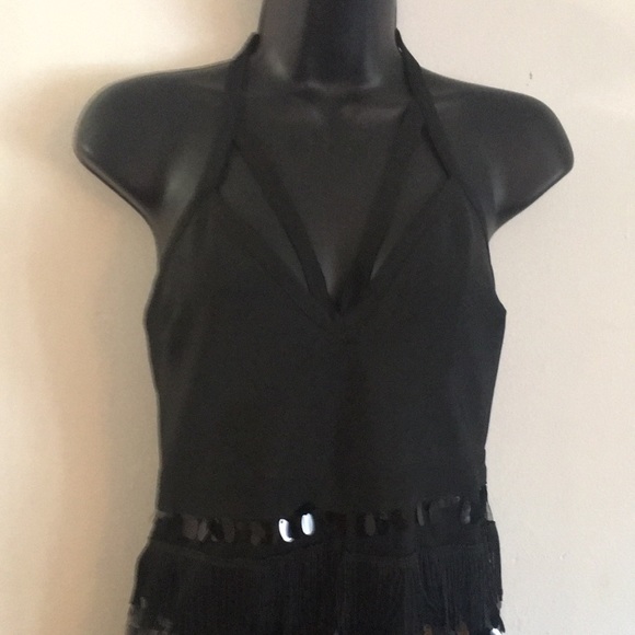 Gold Label Wow Couture Fringe Sequin Mesh Black Halter Top Jumpsuit: Size Small - Picture 6 of 13